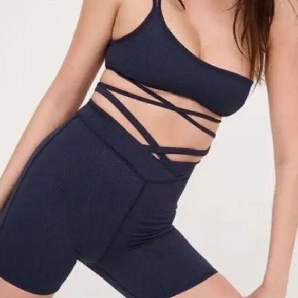 For Love And Lemons Chloe Blue Ribbed Biker Shorts Size L NWT - Picture 7 of 7